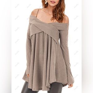 NWOT Dresslily Cold Shoulder Crisscross Tunic Sweater (XXL)(Tan | Grey)